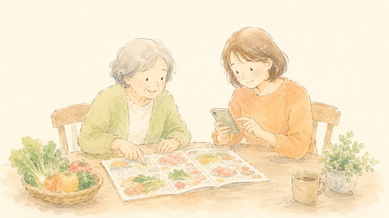 チラシを見ながら買うものを選ぶ母と、となりでスマートフォンから注文する娘