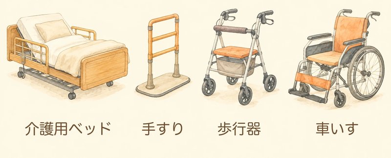介護用ベッド・手すり・歩行器・車いすの水彩イラスト
